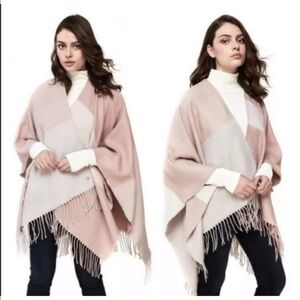 Soia & Kyo Fringe  Poncho Shawl color block pink beige neutral cottage romantic